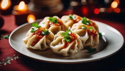 Georgian chinkali dumplings with fresh herbs on a white plate. 