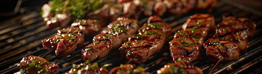 Wall Mural - Deliciously grilled meat skewers with vibrant herbs, perfect for summer barbecues and outdoor gatherings.