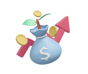 Sticker - 3D rendered illustrations showing the growth and increase in value of investments and assets. It features a plant growing from a money bag with dollar coins Isolated on transparent background.