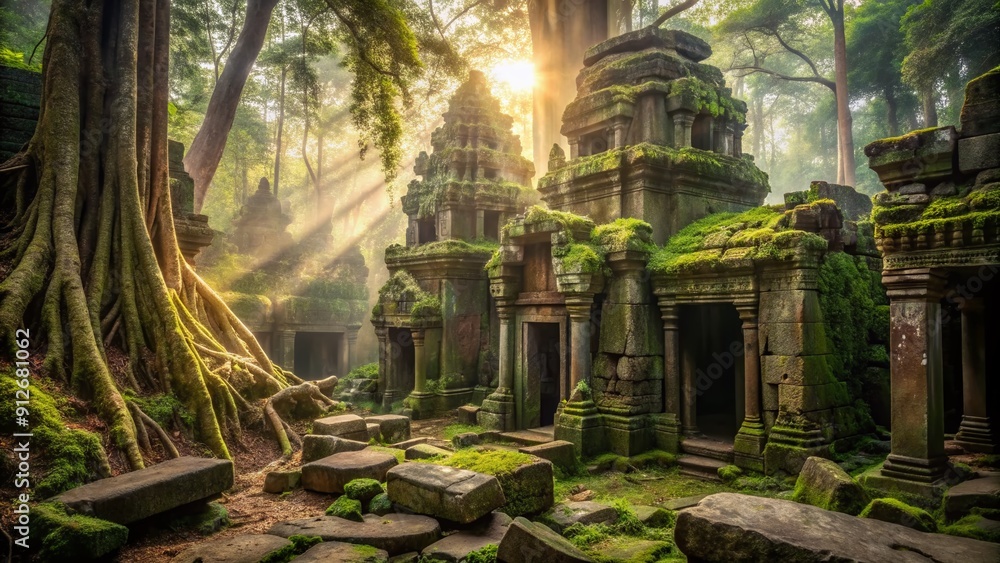 Foto Overgrown with vines and moss, ancient temple ruins stand ...