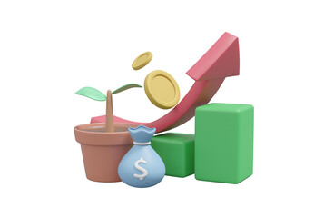 Canvas Print - 3D rendered illustration with plant pot icons, dollar coins, money bag and graph Isolated on a transparent background.