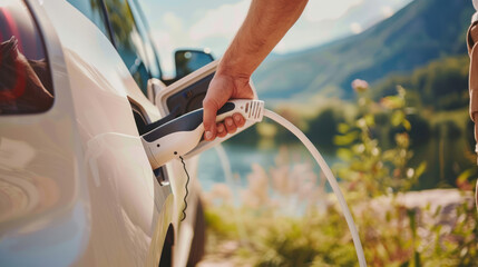 Close-up of an electric car charging port, man using a white power cable, with a scenic nature background