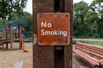 An aged, rusted metal post supporting a 'No Smoking' sign is set near a playground area, emphasizing the importance of maintaining a healthy, smoke-free environment for children.