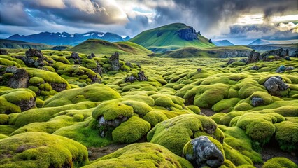 Sticker - Lush green moss covering volcanic rocks in Iceland, Iceland, landscape, nature, green, moss, volcanic rocks, scenic