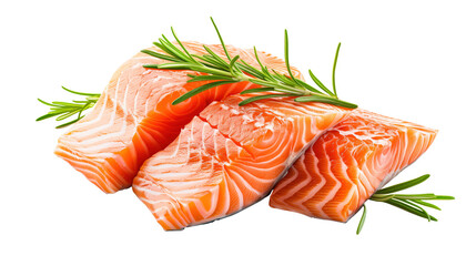 Fresh raw salmon fish fillets steaks with rosemary sprigs isolated on transparent background 
