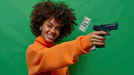 Cheerful lady in orange pullover using a money gun to shoot dollar bills, business success, green background