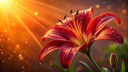 Sticker - Red lily with waterdrops in sunset light, red, lily, flower, waterdrops, sunset, light, nature, beauty, petal, vibrant, color