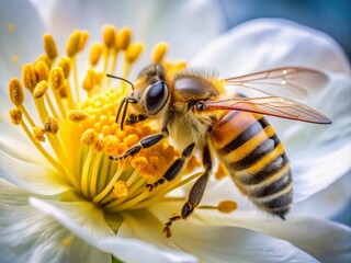 Poster - Vibrant honeybee sips sweet nectar from delicate white Christmas rose petals, its fuzzy yellow and black stripes popping against pure white winter wonder.