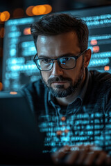 Wall Mural - ethical hacker,  A skilled ethical hacker in a modern office engrossed in cybersecurity work, typing rapidly on a laptop. The background shows digital security diagrams and a large