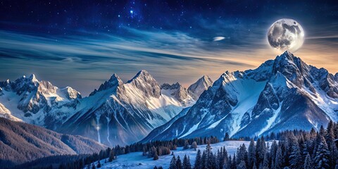 Poster - Snow covered mountains under a bright moonlit sky, snow, mountains, moon, winter, cold, snowcapped, peak, moonlight, icy