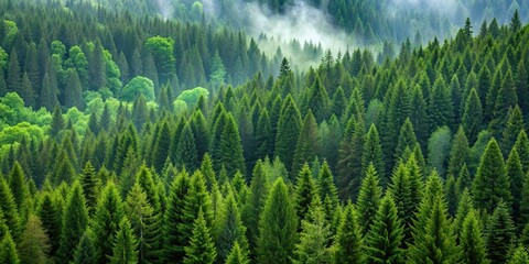 Wall Mural - Green pine trees standing tall in a dense forest, anticipating the arrival of a rainy day, nature, forest, trees, pine