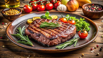 Poster - Steak grilled medium rare with fresh ingredients on a beautiful plate on a restaurant table background, steak