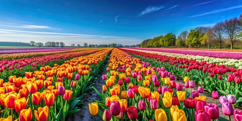 Poster - Vibrant tulip field under a clear blue sky, tulips, flowers, colorful, nature, spring, field, landscape, beauty, blooming