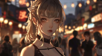 Wall Mural - A beautiful anime girl with light brown hair and silver highlights, wearing earrings and black walking through crowded streets with a blurred background