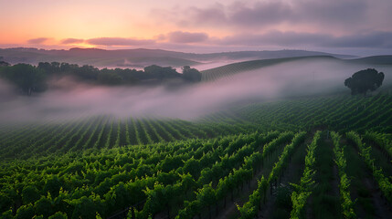 Wall Mural - Misty morning fog rolling over vineyard hills at dawn 