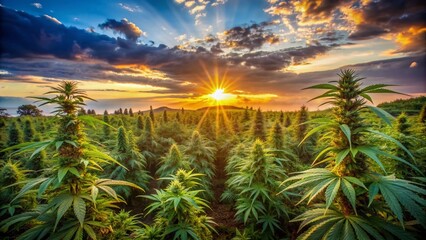 Poster - Vibrant orange hues illuminate a lush, organic cannabis field at sunset, with densely packed, towering marijuana plants swaying gently in the warm, golden evening light.