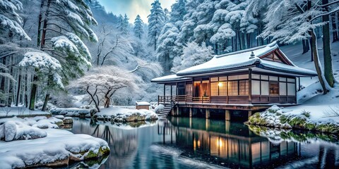 Wall Mural - Winter forest landscape with a traditional Japanese house , snow, trees, woods, nature, architecture, home, peaceful