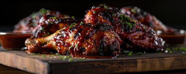 Wall Mural - Juicy and flavorful BBQ chicken wings drizzled with rich sauce on a wooden board, perfect for food lovers and culinary enthusiasts.