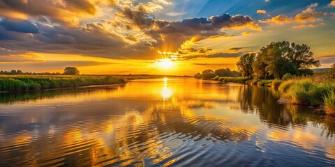 Sticker - Sunset casting a golden glow on a calm river , scenic, nature, tranquil, water, reflections, dusk, peaceful, horizon