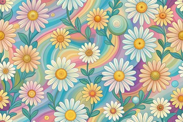 Poster - Whimsical vintage 70s inspired seamless floral pattern featuring daisy flowers in soft pastel hues against a colorful groovy nature backdrop, perfect for retro-inspired designs.