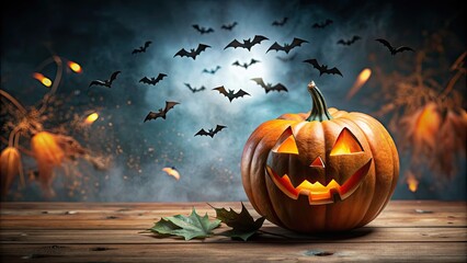 Wall Mural - Halloween pumpkin surrounded by flying bats , spooky, October, decoration, creepy, festive, autumn, holiday, seasonal