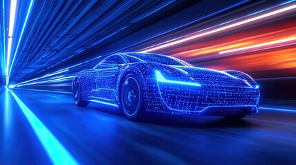 Wall Mural - futuristic car design with glowing blue lights, showcasing dynamic motion in a high-speed environmen