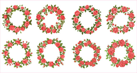 
Pink rose flower and green leaves wreath round circle ring frame, Round wreath of leaves and rose flowers, Floral frame with rose flowers and leaves, Vector illustration