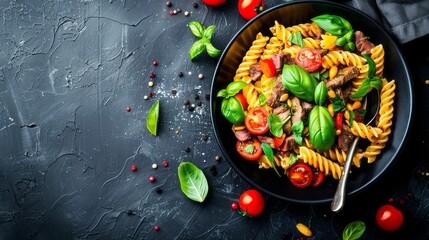 Wall Mural - Pasta Fusilli with tomatoes, beef and basil in black bowl on. copy space