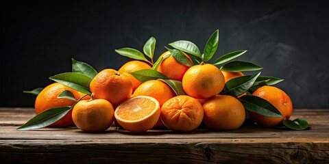 Canvas Print - Orange fruits with leaves on wooden table against black background, orange, fruits, leaves, wooden table, black background