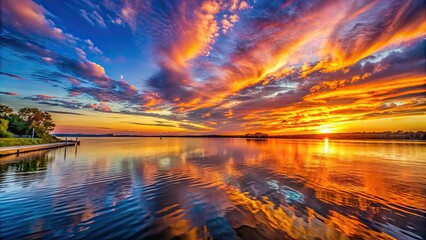 Sticker - Vibrant and dramatic sunset over a calm waterfront , sunset, vibrant, dramatic, colors, sky, clouds, orange, yellow