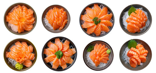 A beautiful arrangement of salmon sashimi served in traditional bowls, garnished with wasabi and fresh greens.