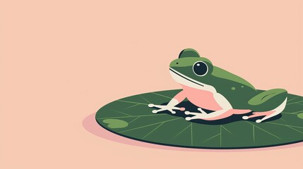 A simple frog resting on a lily pad, minimalist design, clean lines, basic shapes, uncomplicated, plain, 2D vector illustration