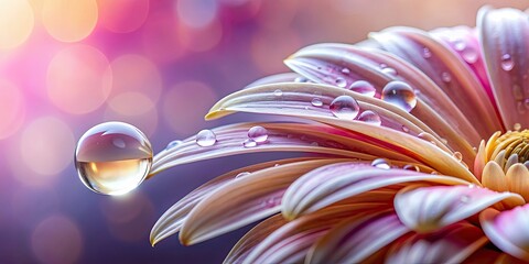 Wall Mural - Water drops glistening on a delicate flower petal, water drops, flower, nature, macro, close up, dew, droplets, botanical