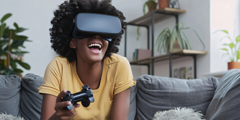 A woman is wearing a VR headset and playing a video game with a controller in her hands while sitting on a couch,. african woman