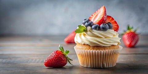 Sticker - Realistic and beautiful cupcake topped with strawberries and blueberries, cupcake, realistic, beautiful, strawberry, blueberry