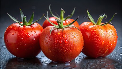 Wall Mural - Three ripe tomatoes with water drops, one tomato standing out with extra water drops, tomato, ripe, fresh, vegetable, red