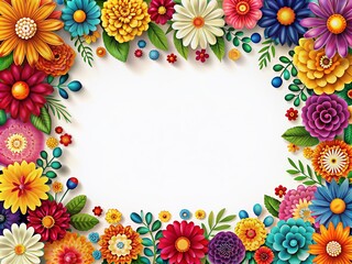 Sticker - Vibrant multicolored flowers in intricate arrangements adorn a beautiful border frame on a white card template, perfect for invitations, greetings, and social media posts.