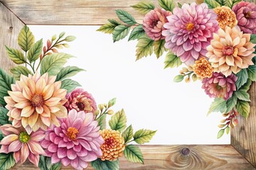 Poster - Whimsical watercolor illustration of a vintage floral frame with dahlias on transparent background, featuring a rustic corner border and ample copy space.