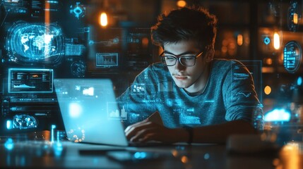 Man working on a laptop with digital data overlays.