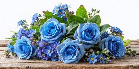 Canvas Print - Vibrant blue roses and delicate forget-me-nots overflow from a rustic bouquet, set against a crisp white background, evoking a sense of serenity and elegance.