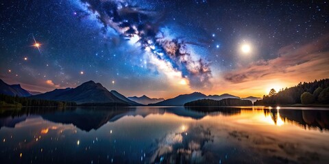 Canvas Print - Tranquil scene at night with celestial bodies illuminating sky over mountain lake, mountain, lake, night sky, reflection