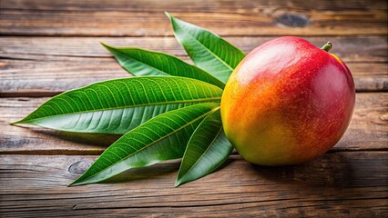 Poster - Ripe organic mango fruit with green leaves, mango, fruit, ripe, organic, fresh, tropical, healthy, sweet, juicy, vitamin C