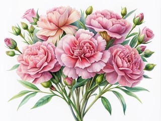 Canvas Print - Delicate watercolor pink carnations in a beautiful bouquet, adorned with lush greenery, perfect for adding a touch of elegance to Mother's Day cards, wedding invitations, and wedding designs.