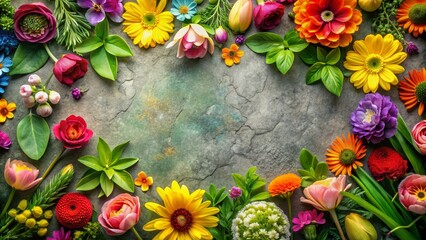 Vibrant green floral border surrounds a serene stone background, bursting with colorful spring blooms, showcasing the beauty of nature from an overhead top view perspective.