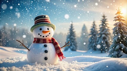 Poster - Happy snowman in winter wonderland with snow-covered trees, snowman, happy, winter wonderland, snow-covered, trees, hat, scarf