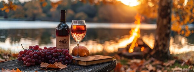 outdoor picnic  with wine, fruits  and book on river bank with fire  and autumn sunset. fall season concept. romantic getaway, peaceful atmosphere. banner