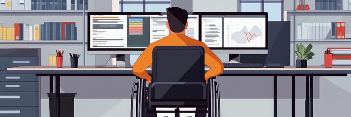 Canvas Print - Accessible Workplace: Man in Wheelchair Using Computer and Graphs - A man in a wheelchair sits at a desk, working on a computer with two monitors. One monitor displays code and the other shows graphs 