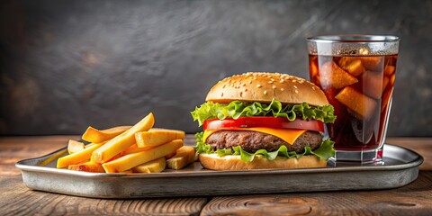 Poster - Delicious cheeseburger served with fries and soda on a tray, cheeseburger, meal, fast food, hamburger, lunch, American, restaurant