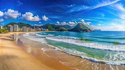 Sticker - Panoramic view of Guaruj? Beach with clear blue water and sandy shore, Guaruj?, Brazil, beach, panoramic, ocean, shore