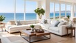 © Sharif54 - A bright and airy living room with a large window overlooking the ocean. The room features a white sectional sofa, a wooden coffee table, and a potted plant on the table.